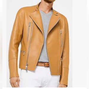Michael Kors Leather Moto Jacket In Peanut Size L